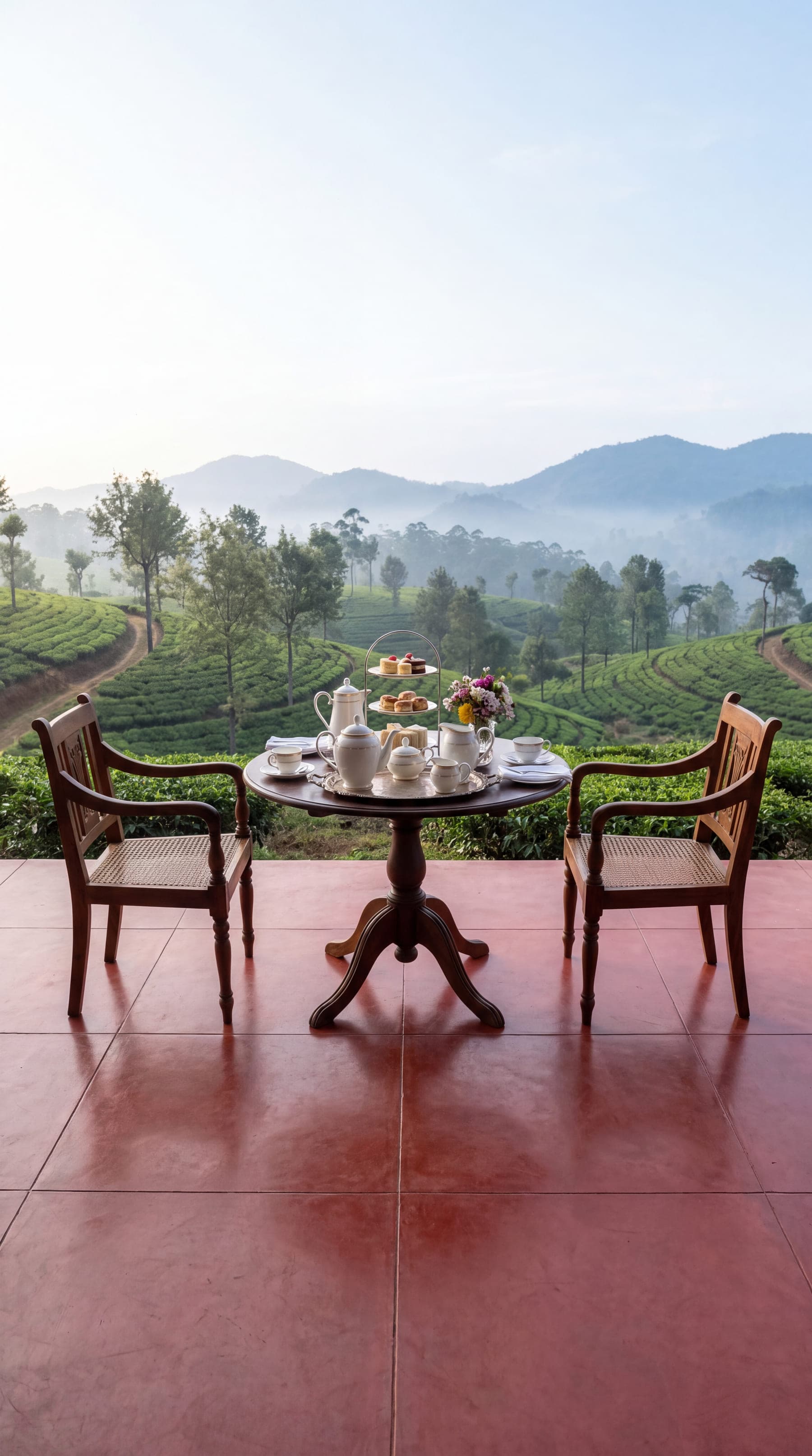 Breakfast laid on a bungalow terrace above tea slopes, the hills in morning mist
